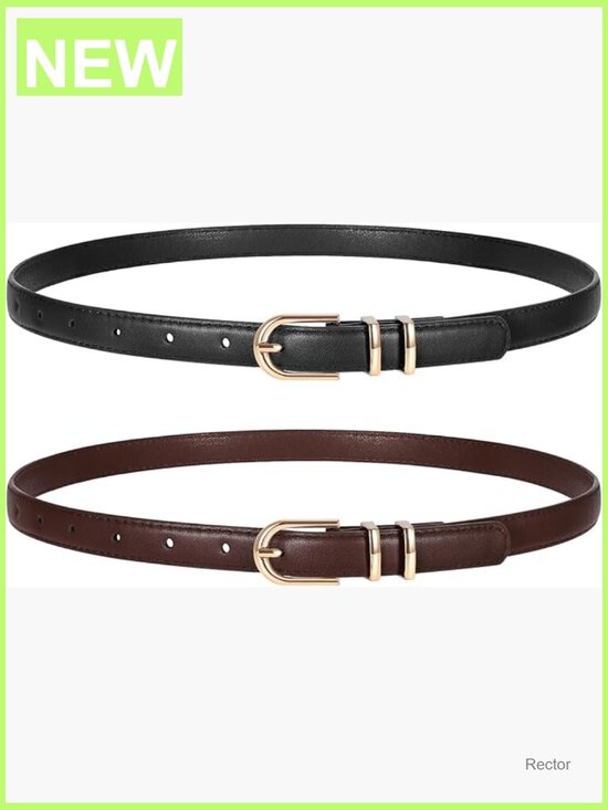 Thin Faux Leather Skinny Belt with Gold Buckle for Jeans Pants